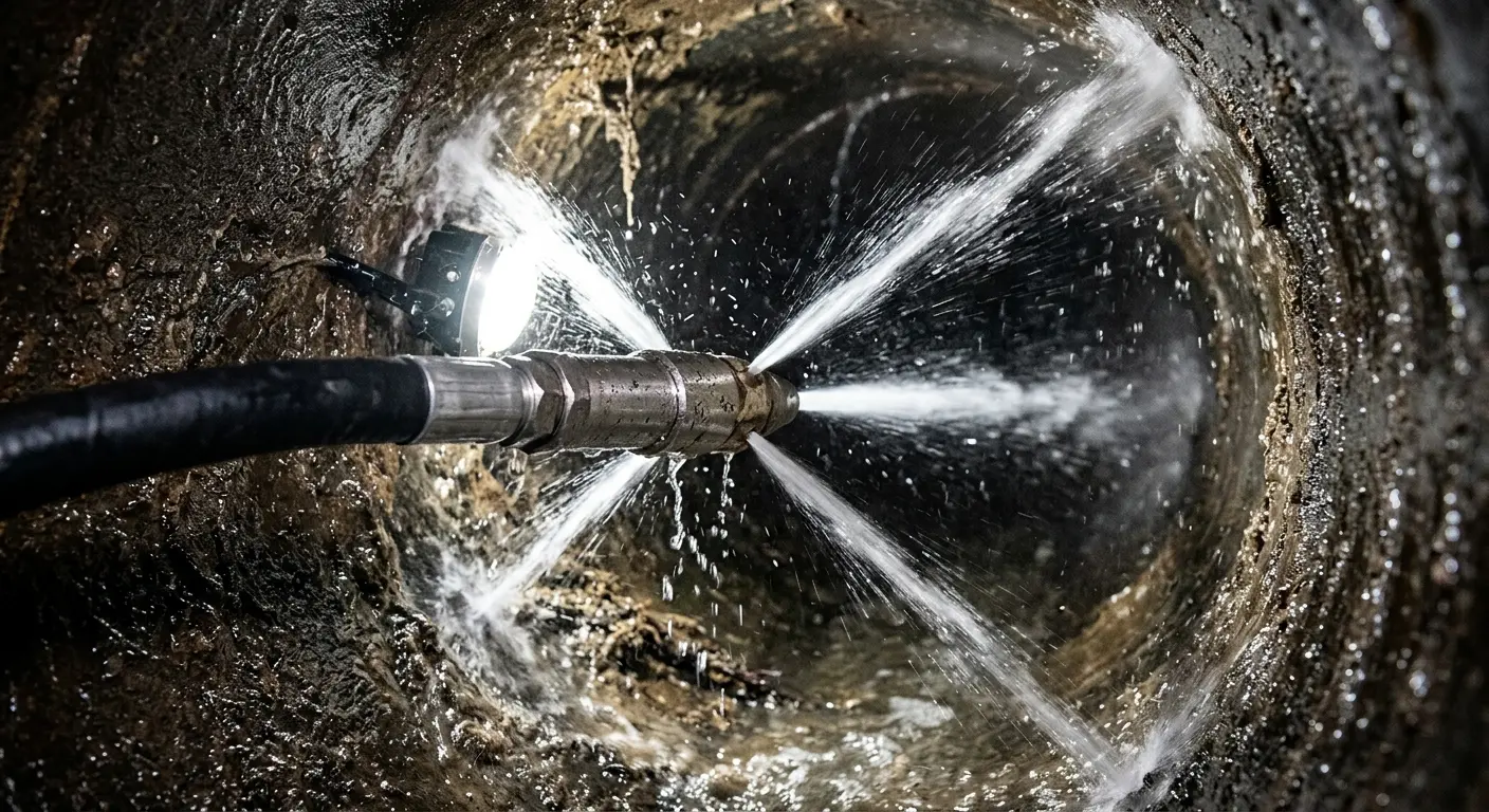 High-pressure hydro jetting nozzle cleaning sewer pipe for Trenchless Sewer Repair in Woodstock