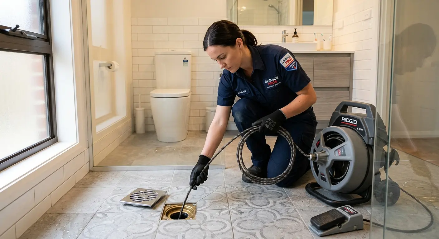 Technician clearing a bathroom floor drain for Sewer Line Replacement in Woodstock